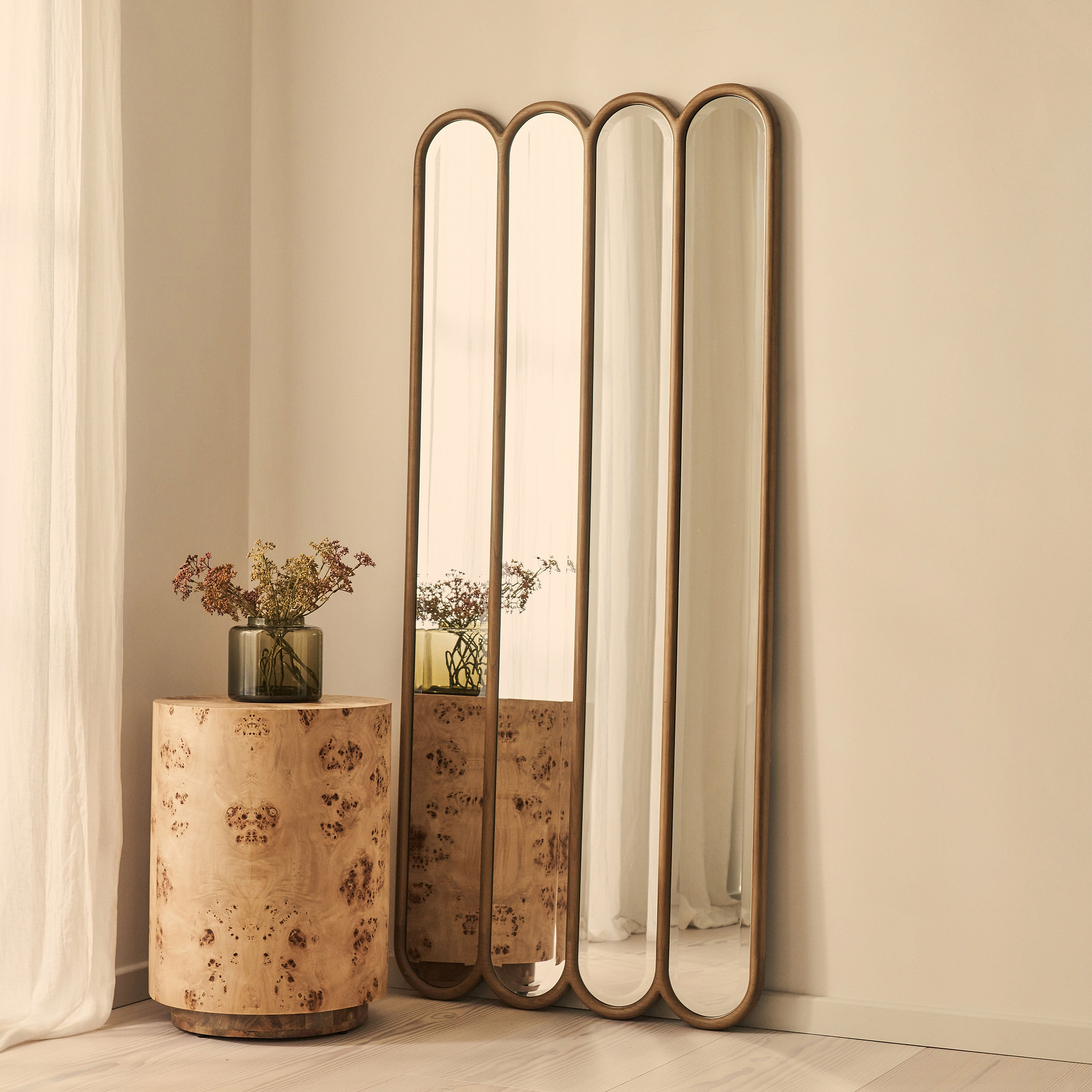 Reims - Warm Wood Full Length Arched Panel Wooden Mirror 180cm x 80cm