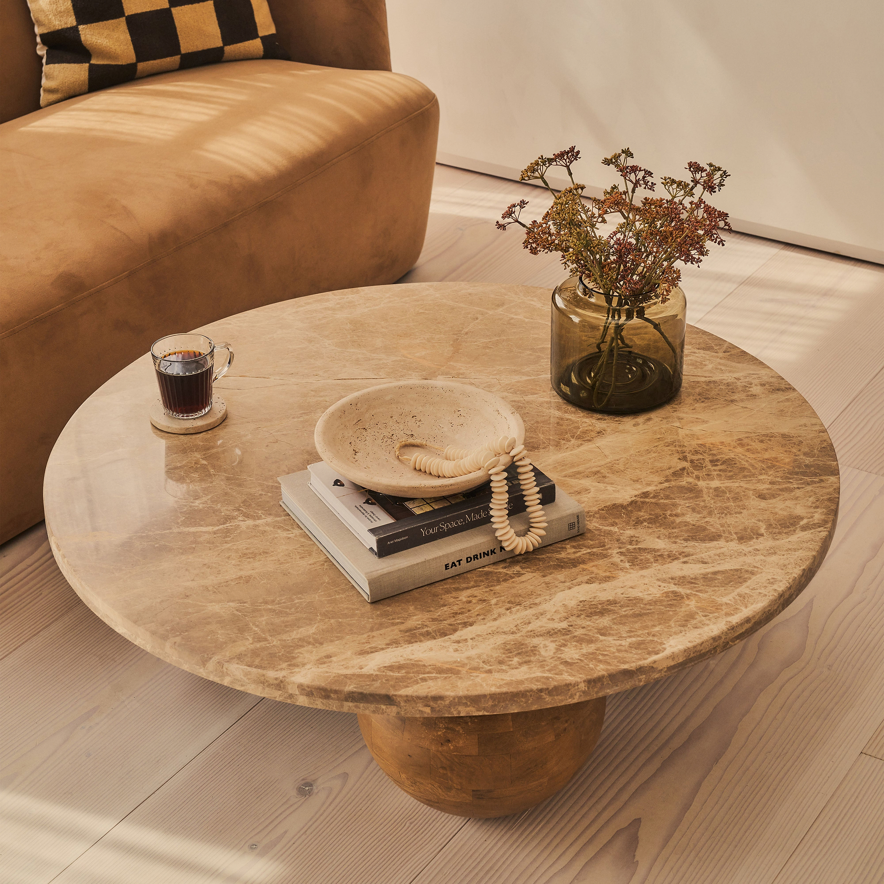 Melrose - Light Emperador Marble Round Warm Wood Premium Coffee Table