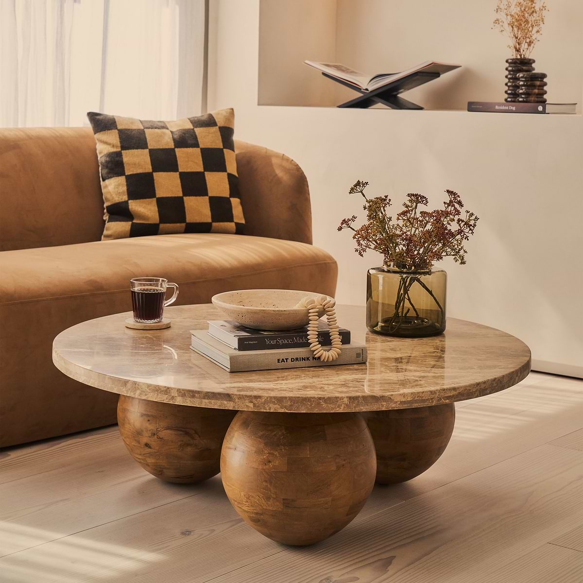 Melrose - Light Emperador Marble Round Warm Wood Premium Coffee Table