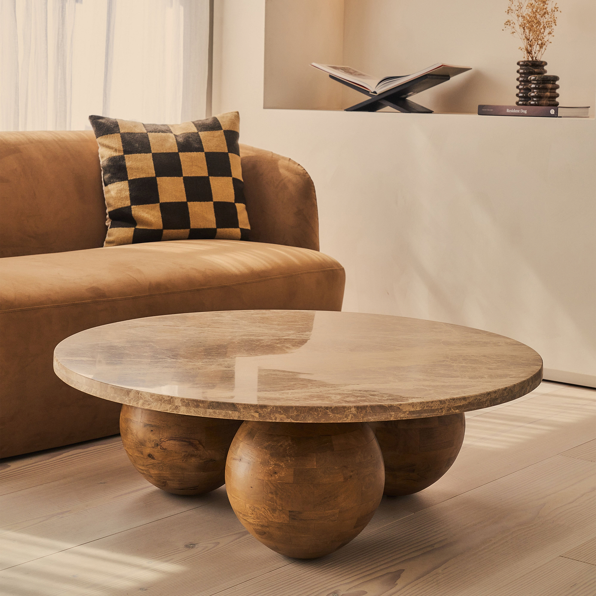 Melrose - Light Emperador Marble Round Warm Wood Premium Coffee Table