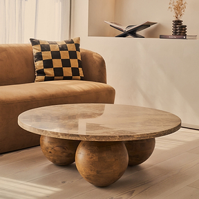 Melrose - Light Emperador Marble Round Warm Wood Premium Coffee Table