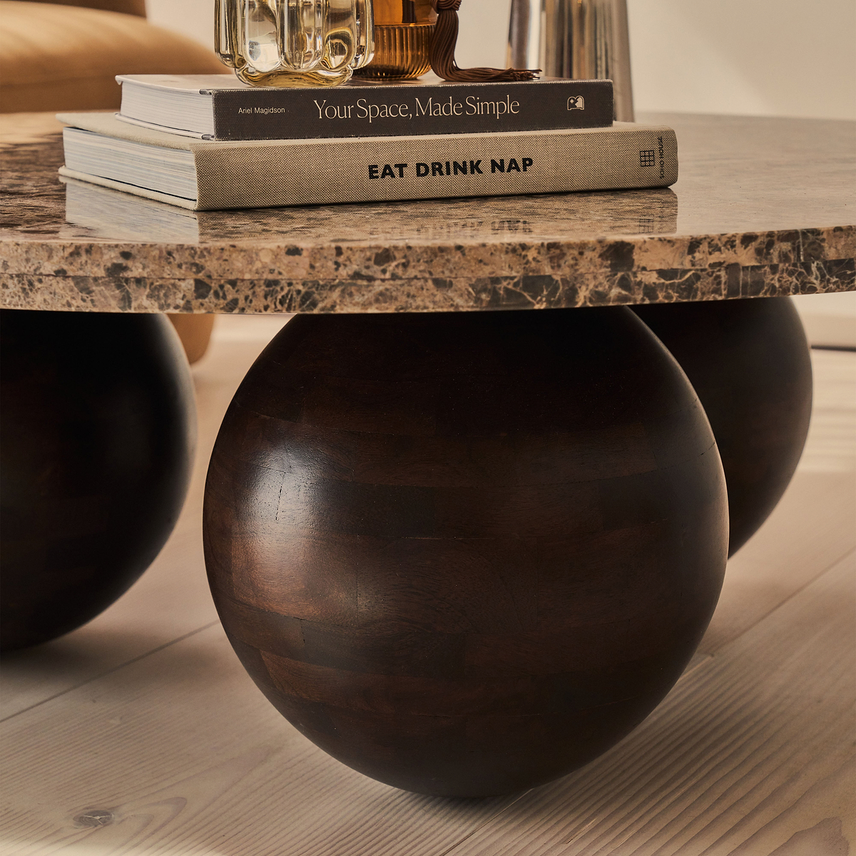 Melrose - Dark Emperador Marble Round Dark Wood Premium Coffee Table
