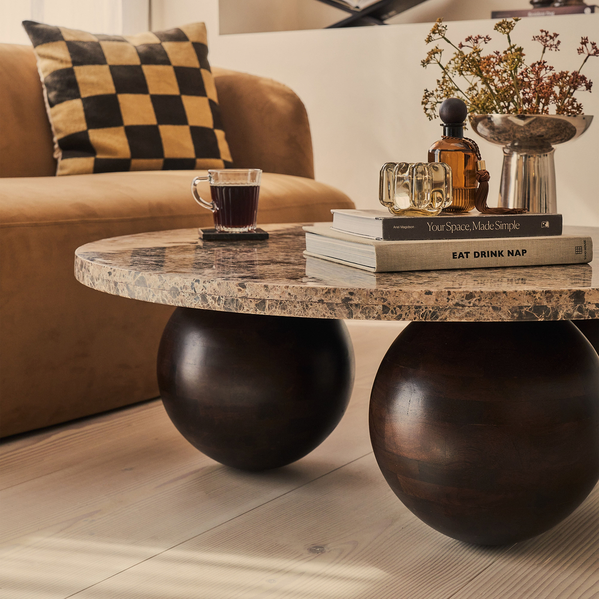 Melrose - Dark Emperador Marble Round Dark Wood Premium Coffee Table