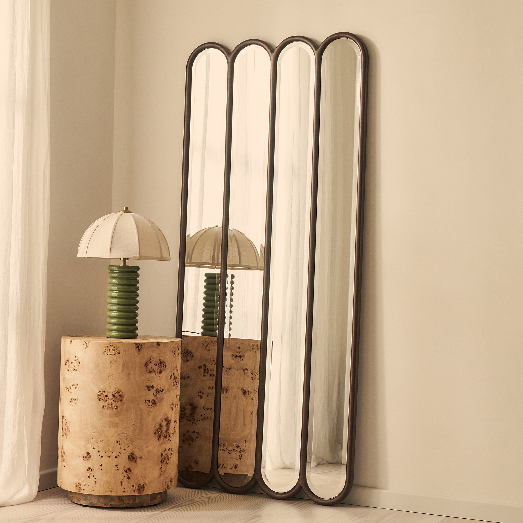 Reims - Dark Wood Full Length Arched Panel Wooden Mirror 180cm x 80cm