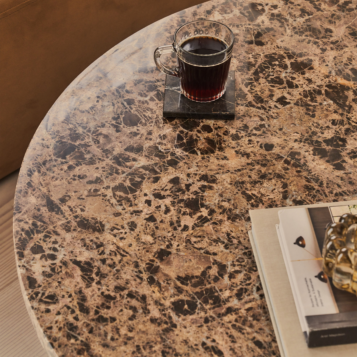 Melrose - Dark Emperador Marble Round Dark Wood Premium Coffee Table