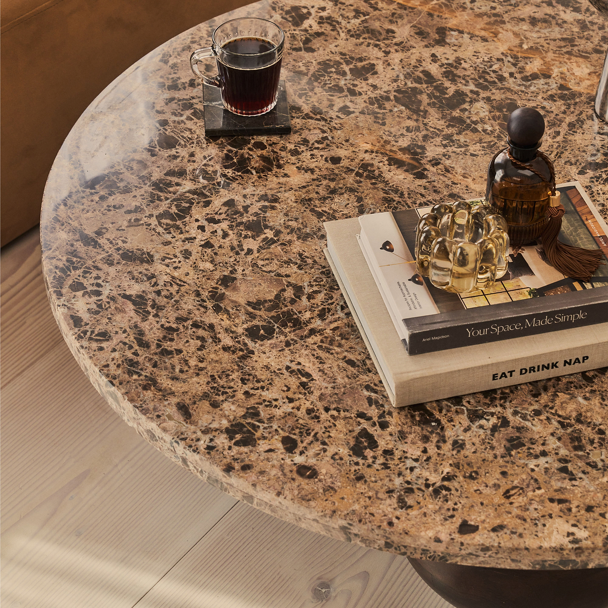 Melrose - Dark Emperador Marble Round Dark Wood Premium Coffee Table