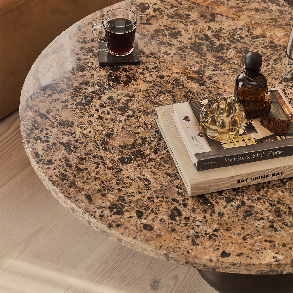 Melrose - Dark Emperador Marble Round Dark Wood Premium Coffee Table