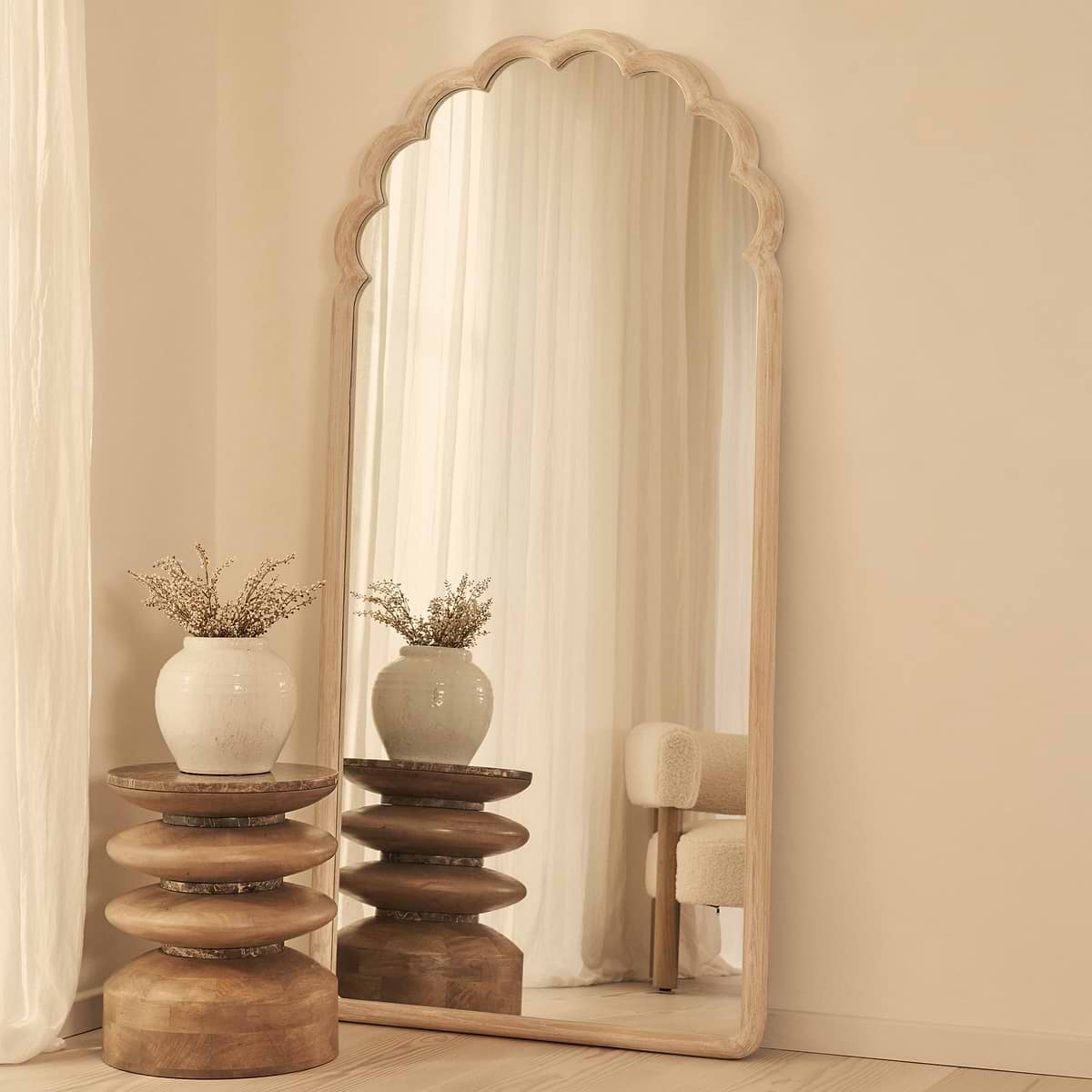 Safi - Full Length Large Arched White Washed Wood Mirror 190cm x 90cm