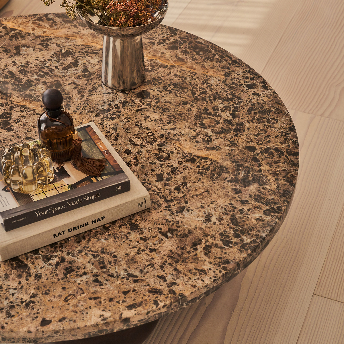 Melrose - Dark Emperador Marble Round Dark Wood Premium Coffee Table