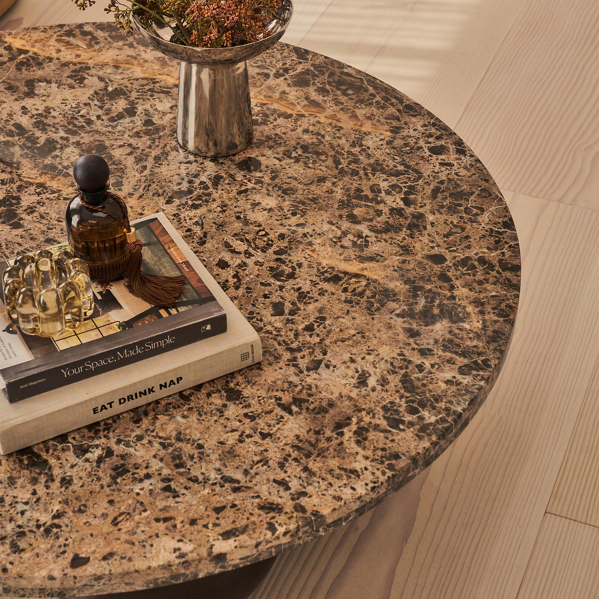 Melrose - Dark Emperador Marble Round Dark Wood Premium Coffee Table