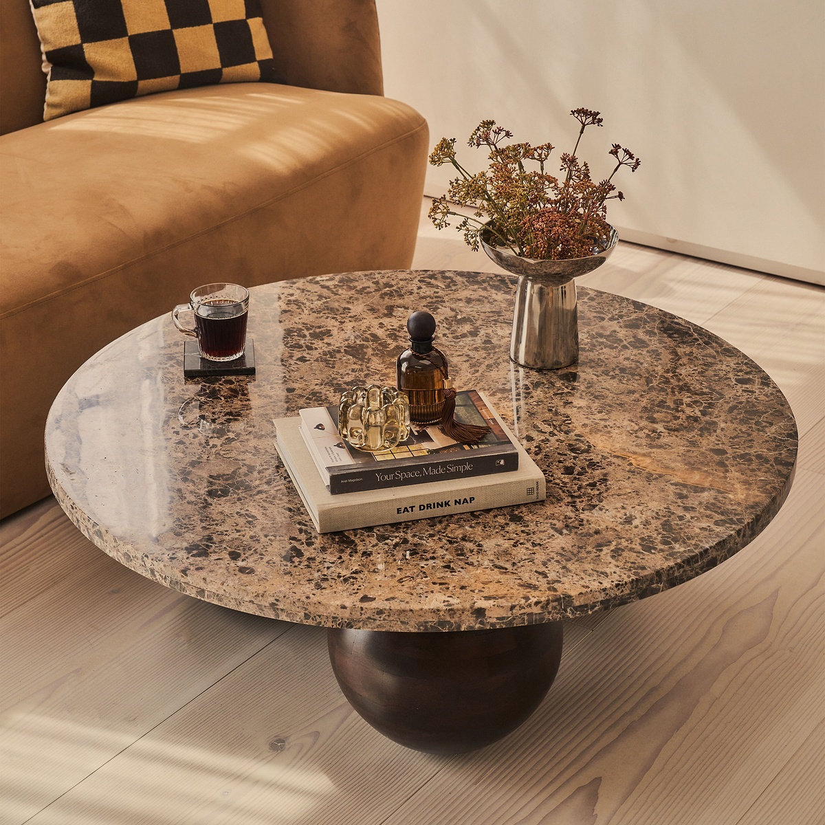 Melrose - Dark Emperador Marble Round Dark Wood Premium Coffee Table