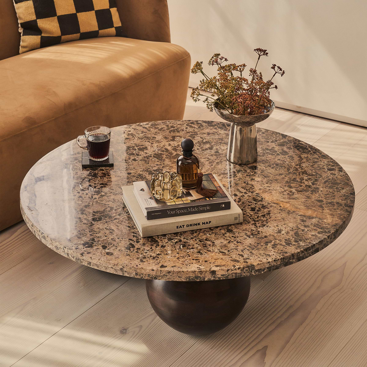 Melrose - Dark Emperador Marble Round Dark Wood Premium Coffee Table