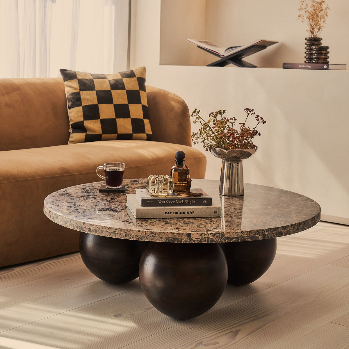 Melrose - Dark Emperador Marble Round Dark Wood Premium Coffee Table