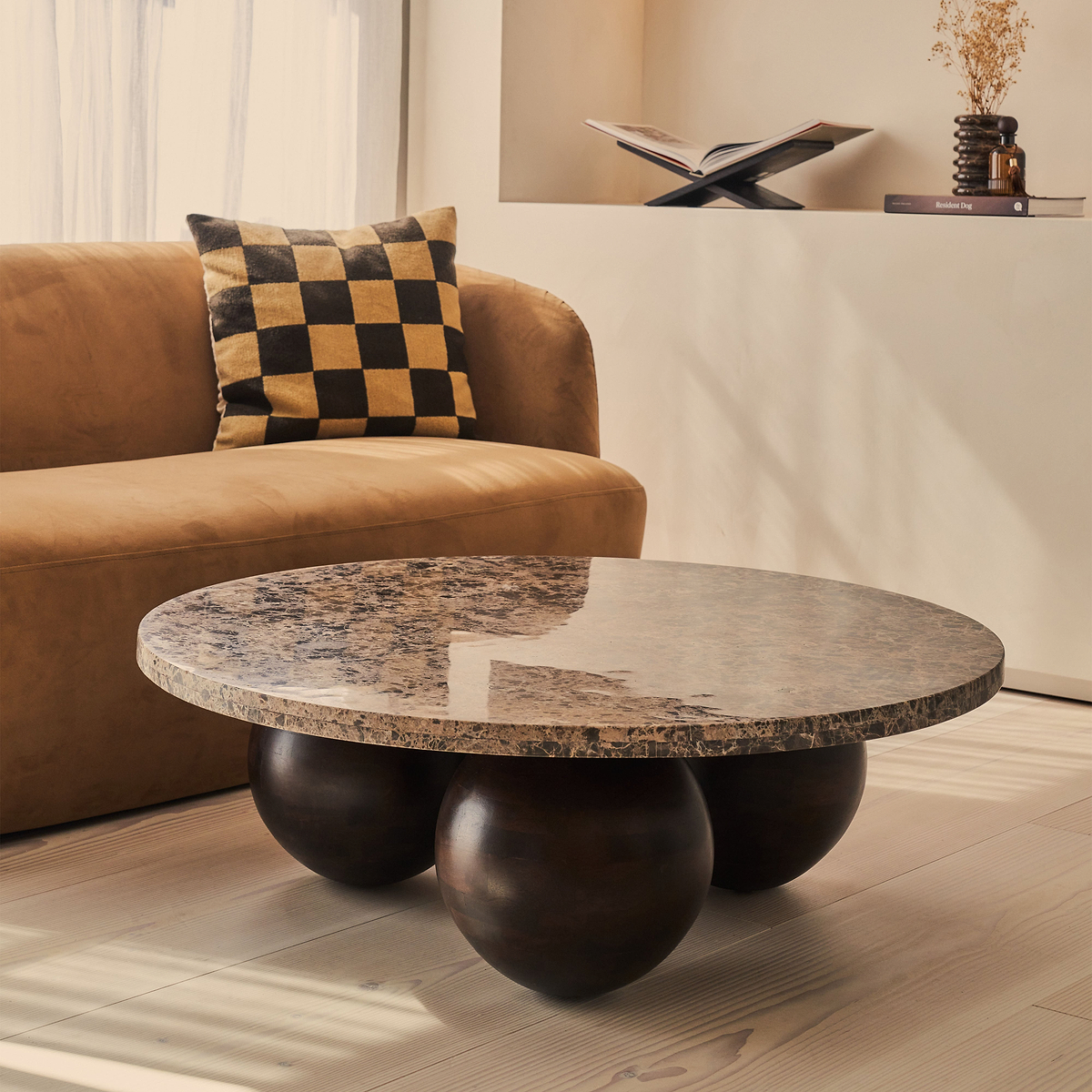 Melrose - Dark Emperador Marble Round Dark Wood Premium Coffee Table