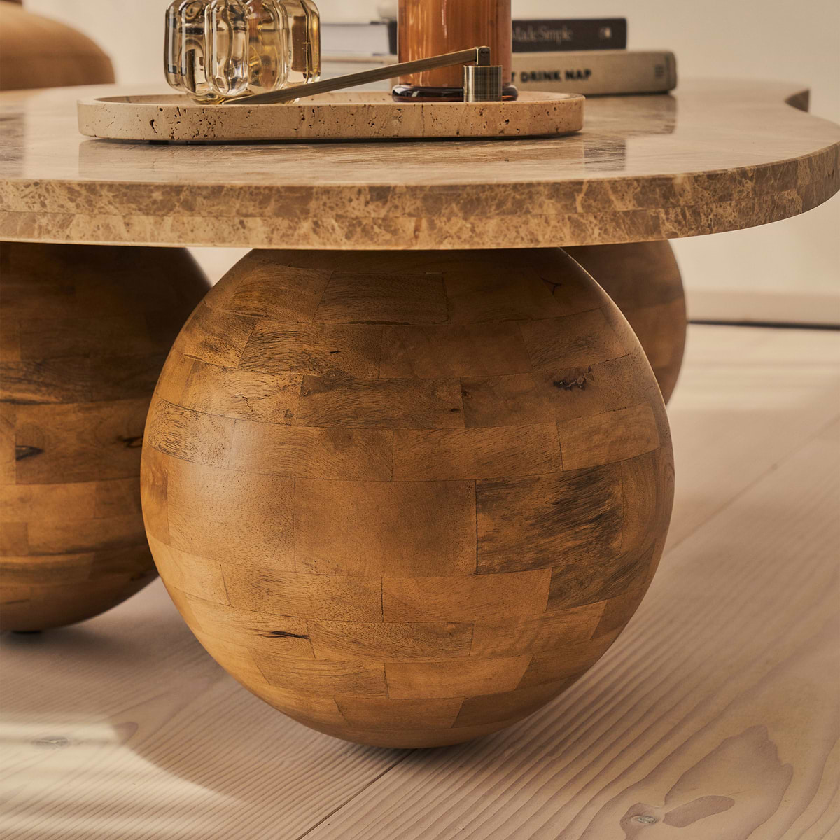 Melrose - Light Emperador Marble Irregular Warm Wood Premium Coffee Table
