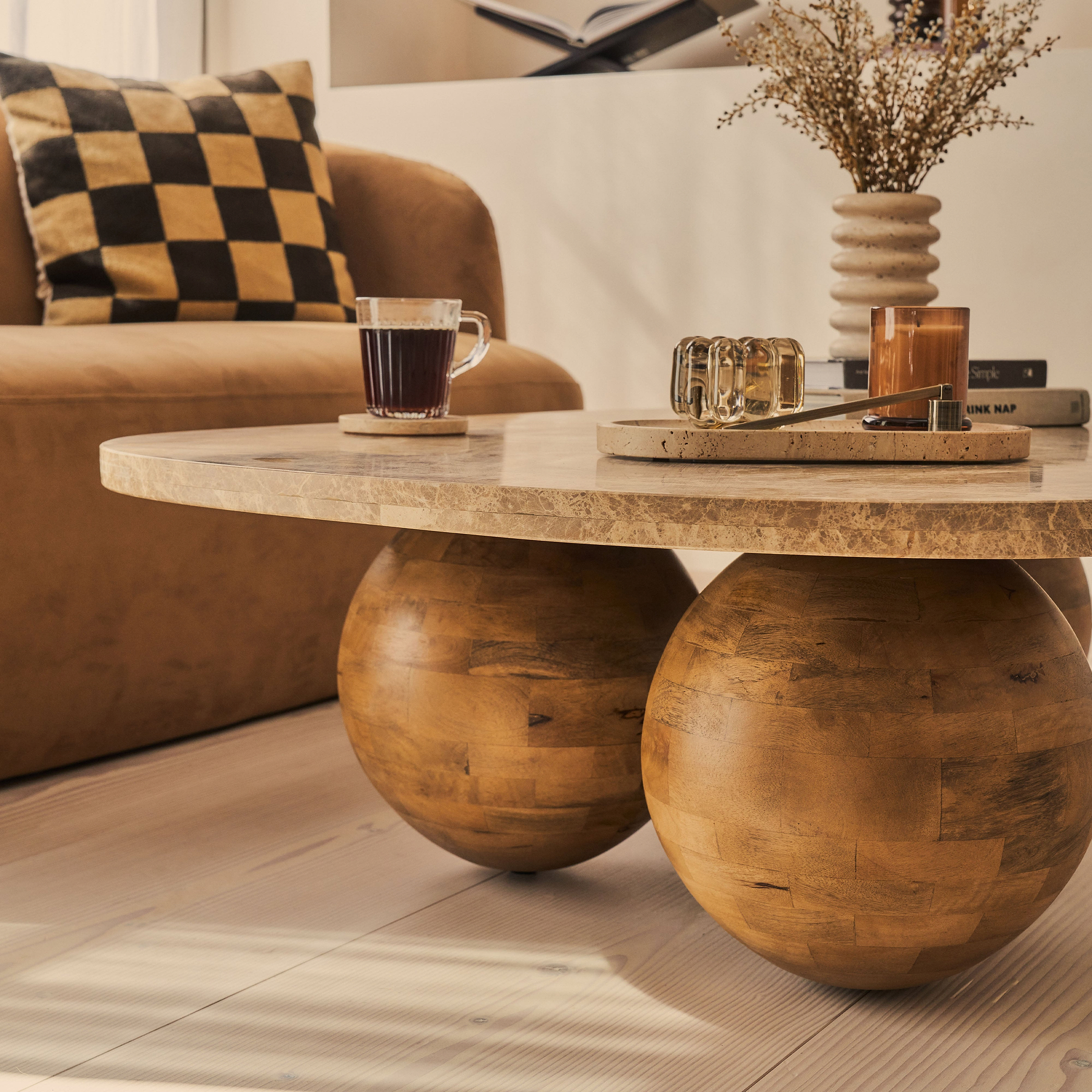 Melrose - Light Emperador Marble Irregular Warm Wood Premium Coffee Table