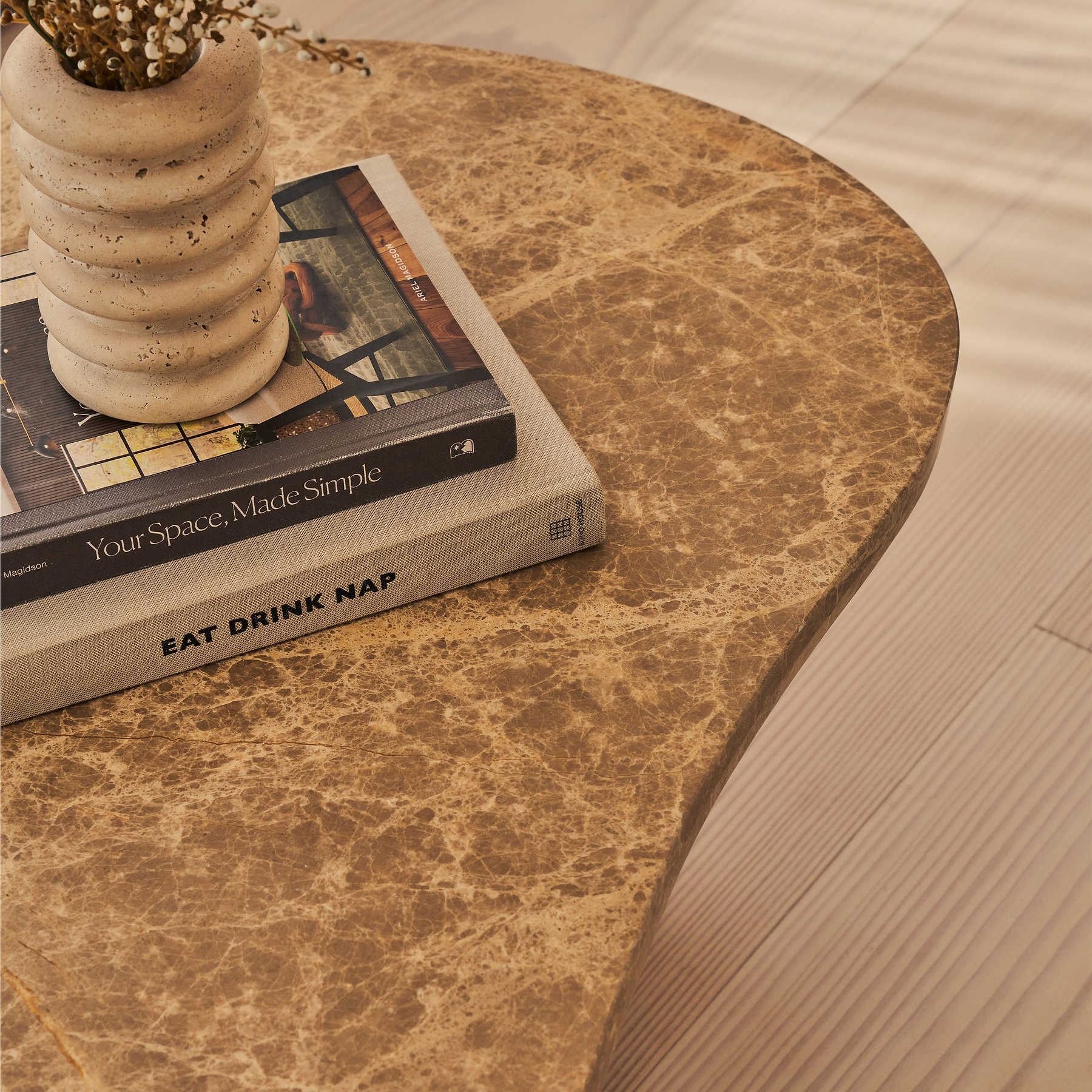 Melrose - Light Emperador Marble Irregular Warm Wood Premium Coffee Table