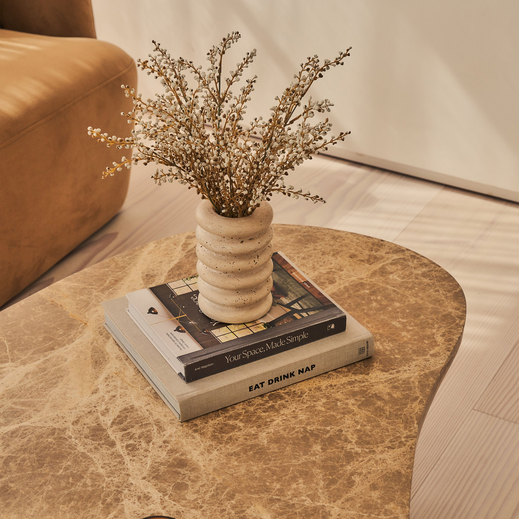Melrose - Light Emperador Marble Irregular Warm Wood Premium Coffee Table