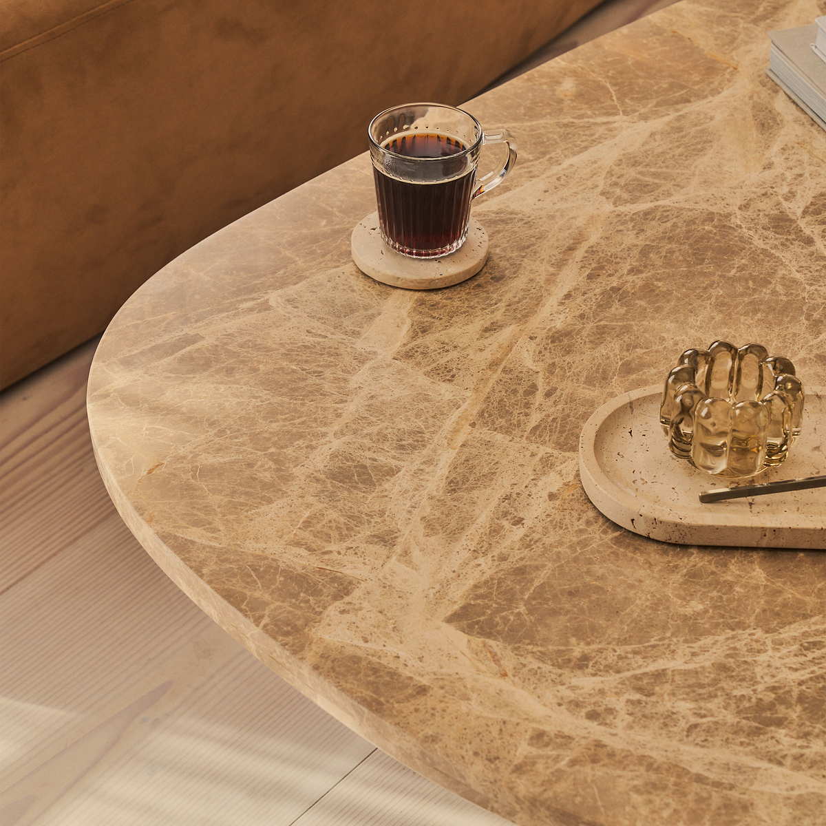 Melrose - Light Emperador Marble Irregular Warm Wood Premium Coffee Table