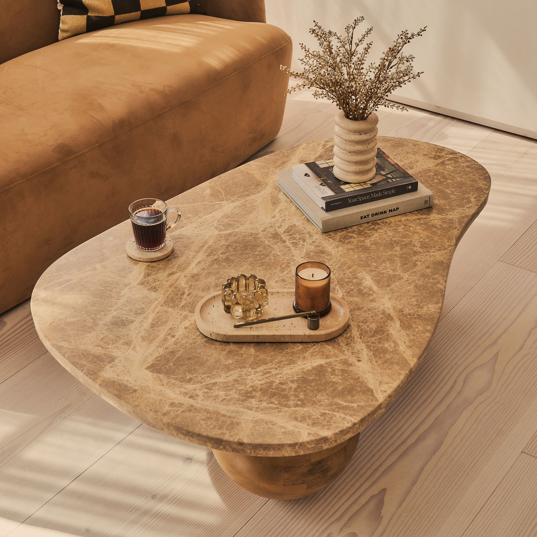 Melrose - Light Emperador Marble Irregular Warm Wood Premium Coffee Table