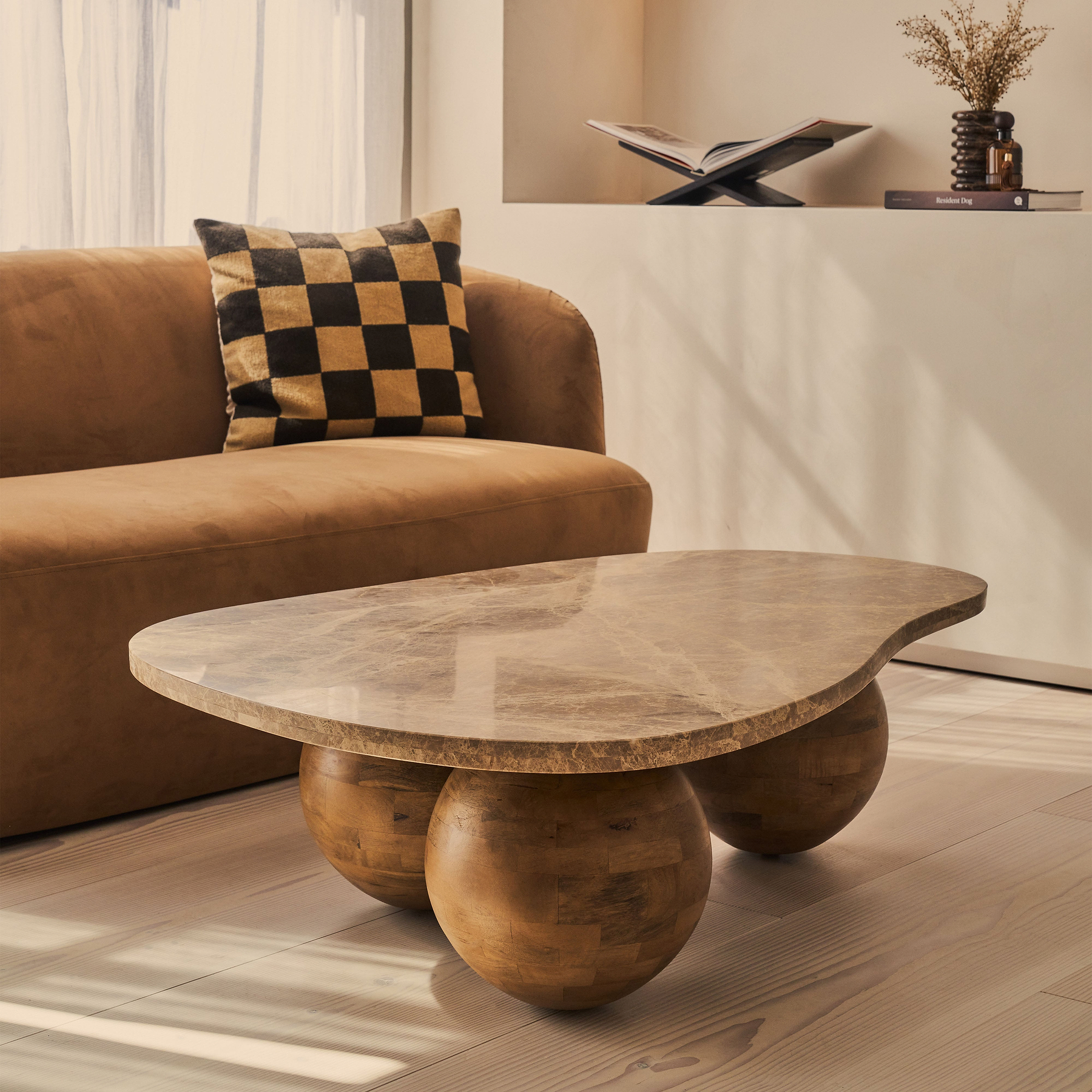 Melrose - Light Emperador Marble Irregular Warm Wood Premium Coffee Table