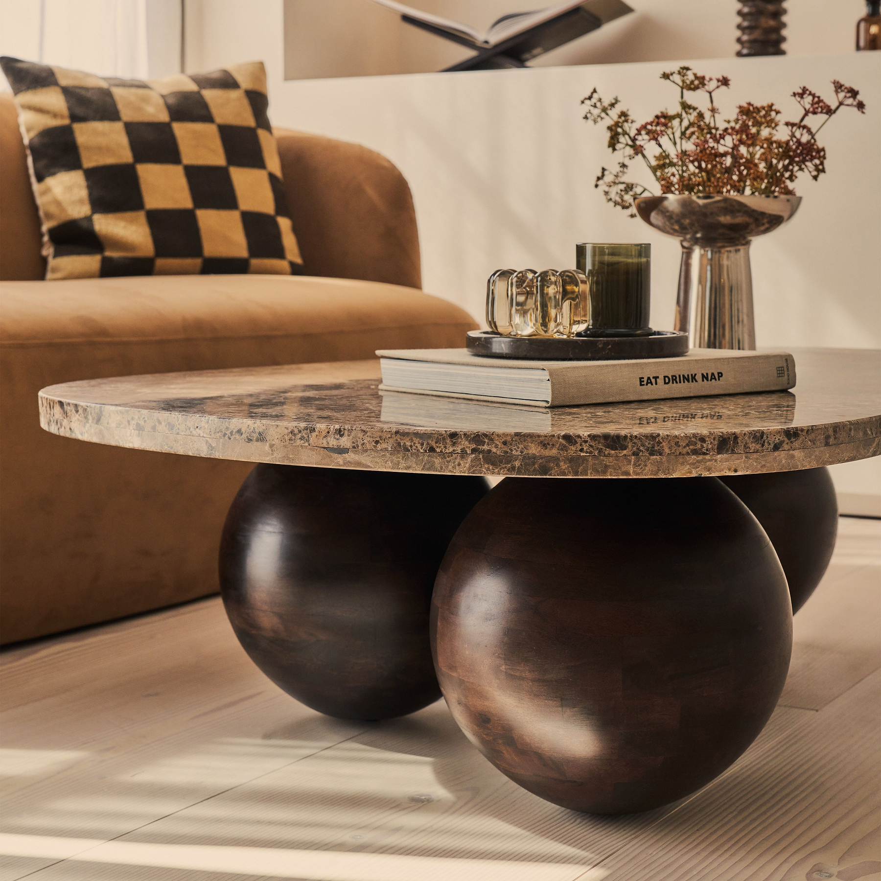 Melrose - Dark Emperador Marble Irregular Dark Wood Premium Coffee Table