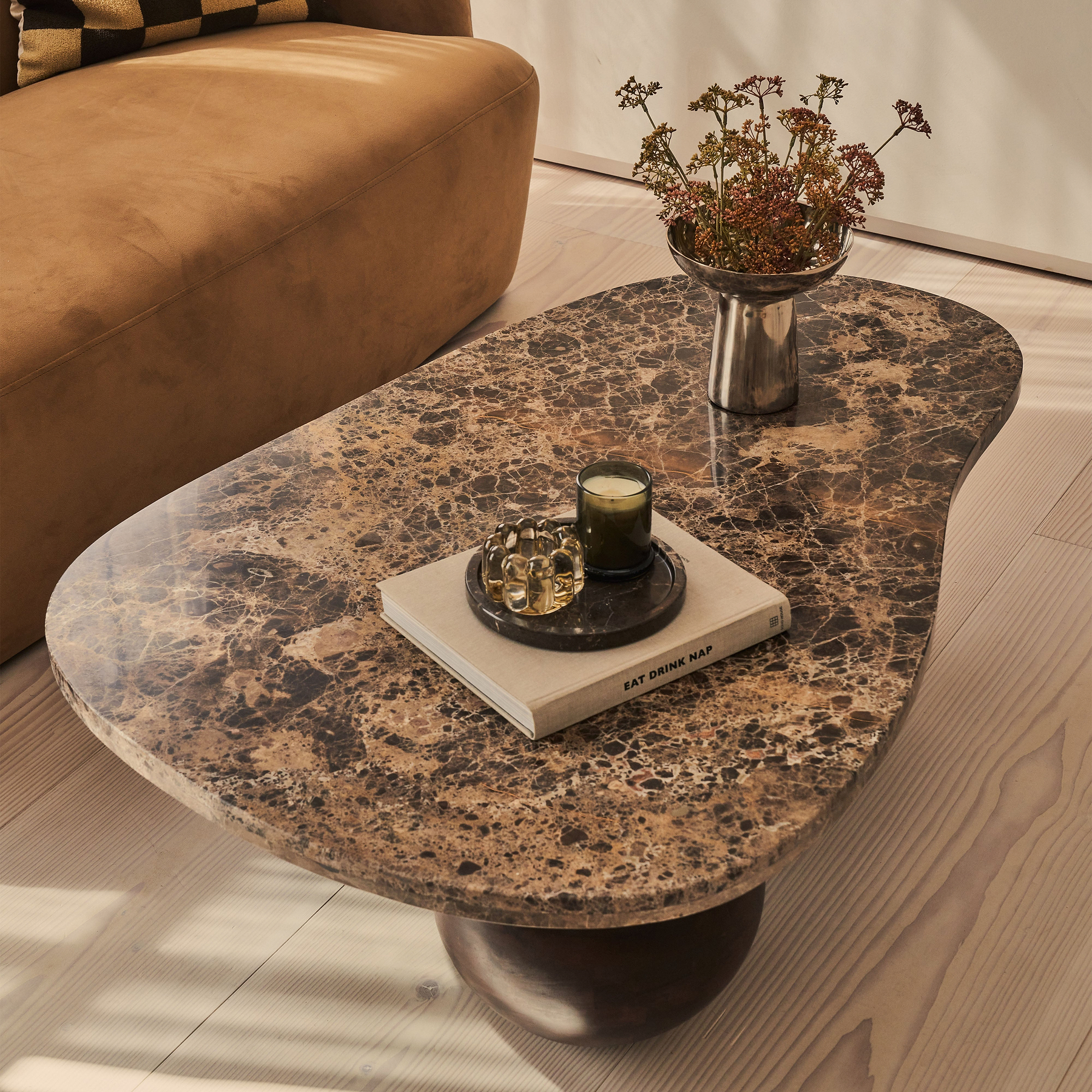 Melrose - Dark Emperador Marble Irregular Dark Wood Premium Coffee Table