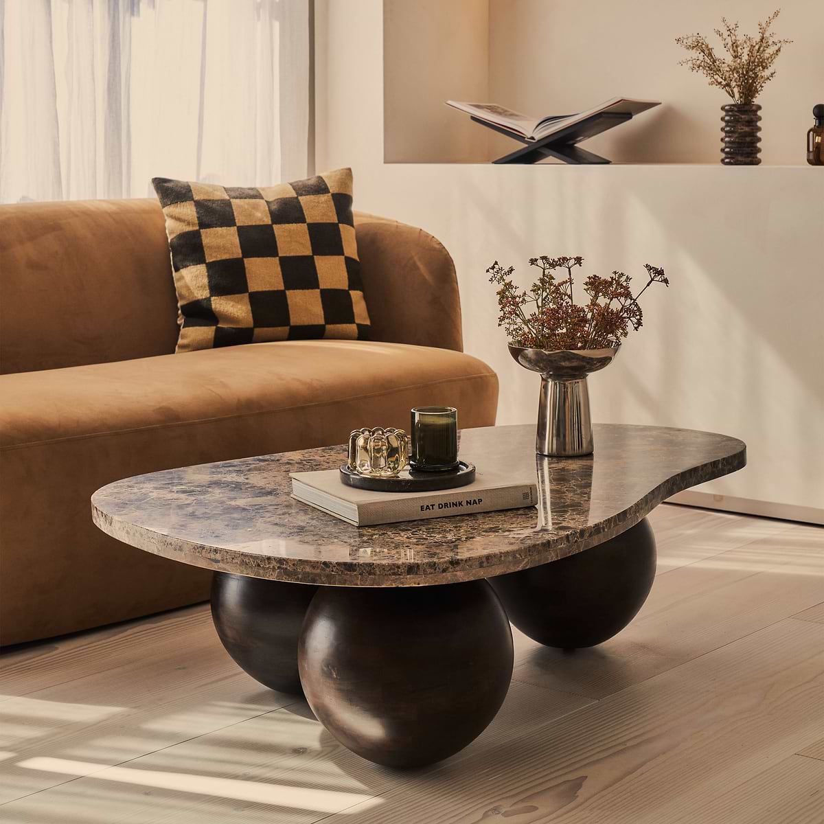 Melrose - Dark Emperador Marble Irregular Dark Wood Premium Coffee Table