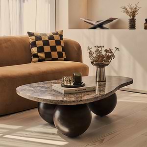 Melrose - Dark Emperador Marble Irregular Dark Wood Premium Coffee Table