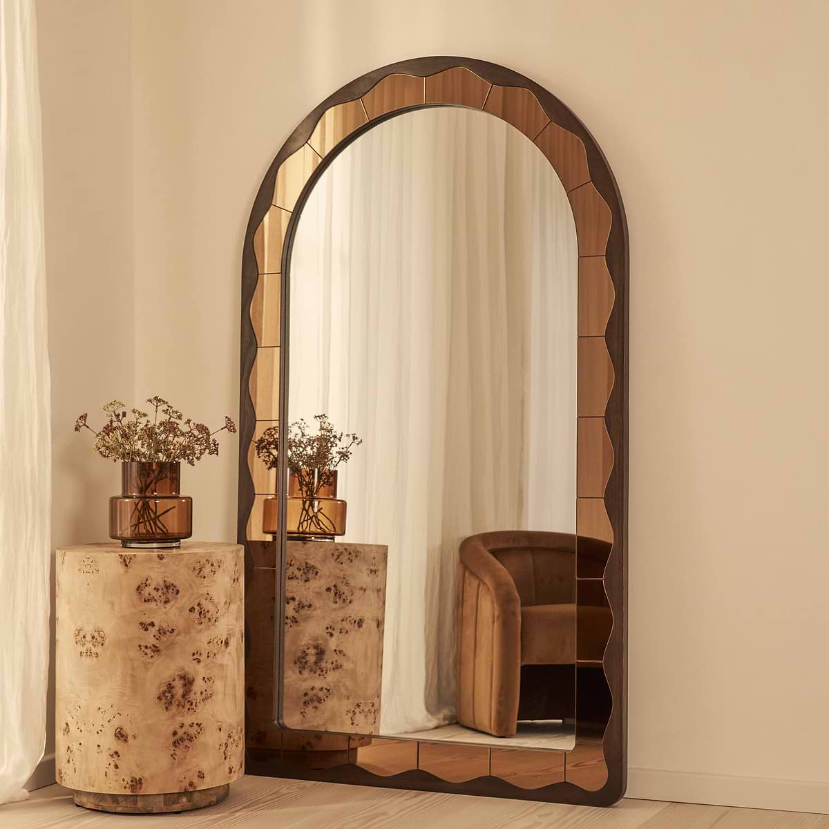Mirella - Full Length Dark Wood Arched Wooden Mirror 182cm x 105cm