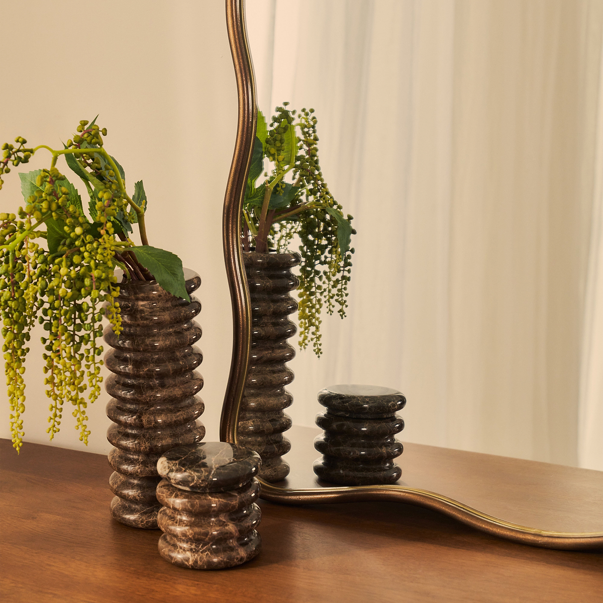 Sabrina - Antique Bronze Wavy Arched Metal Overmantle Mirror 100cm x 70cm