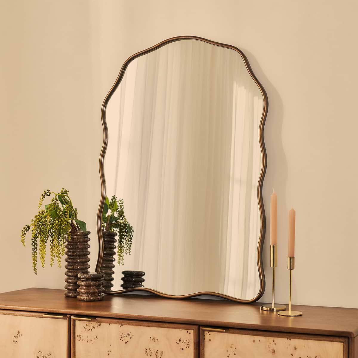 Sabrina - Antique Bronze Wavy Arched Metal Overmantle Mirror 100cm x 70cm