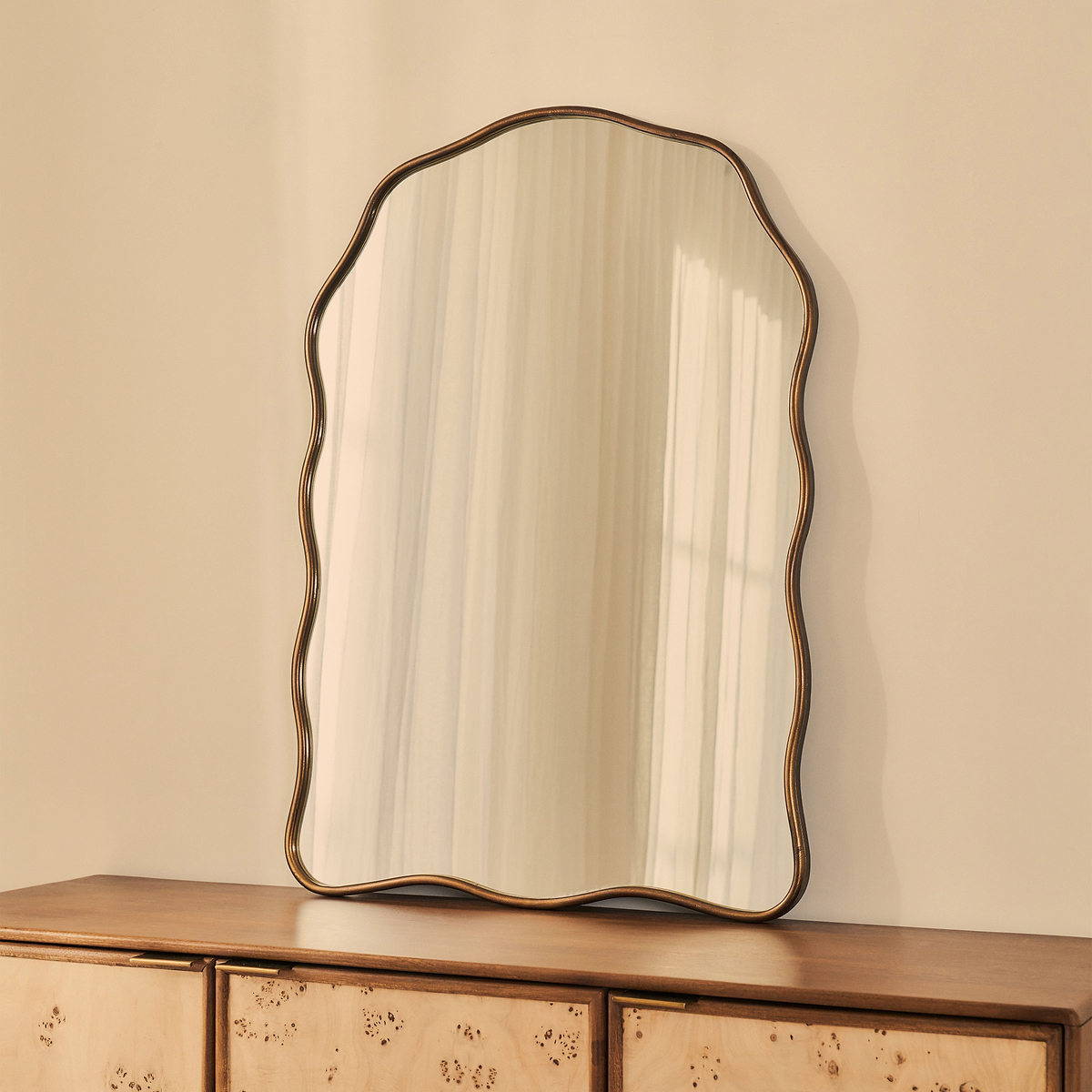 Sabrina - Antique Bronze Wavy Arched Metal Overmantle Mirror 100cm x 70cm