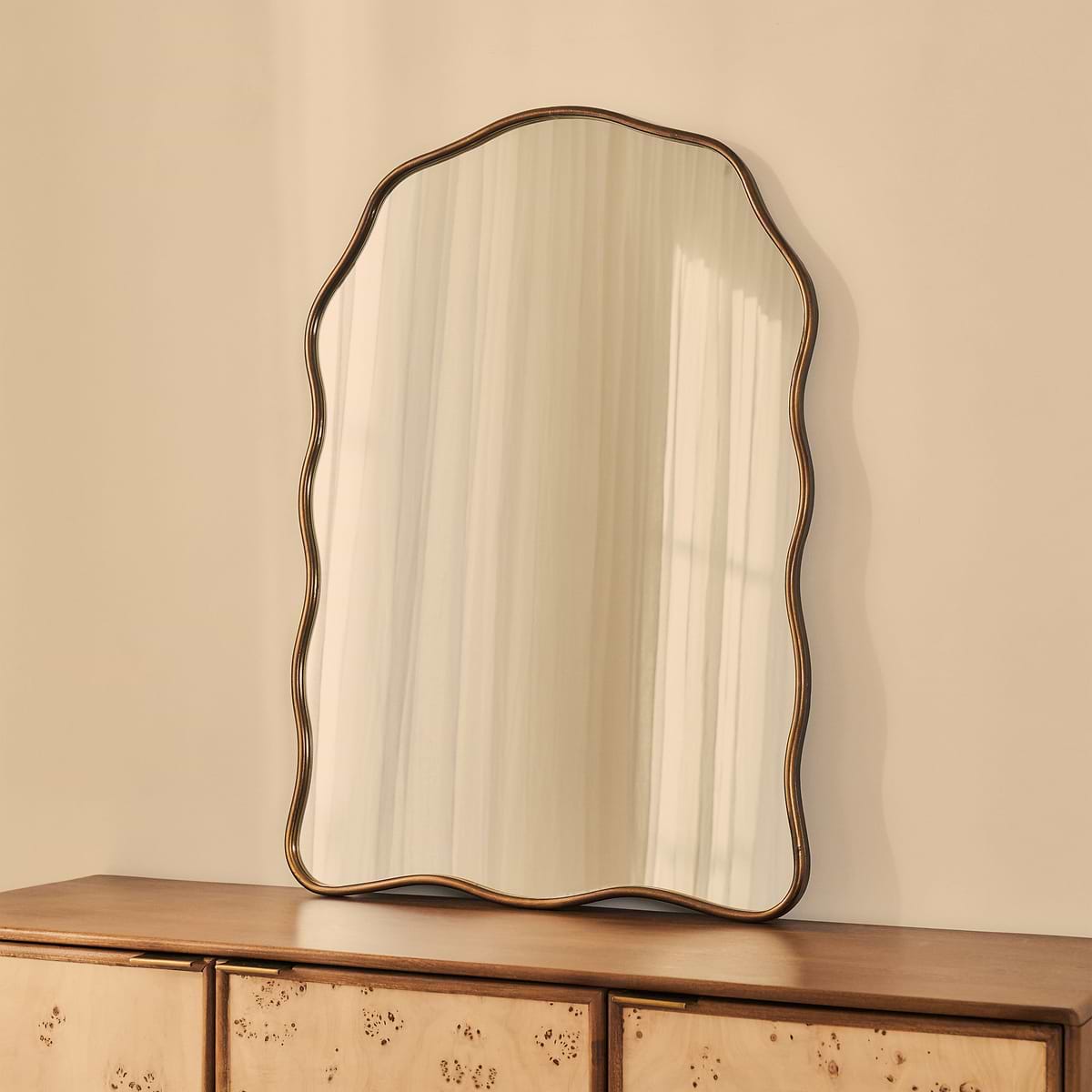 Sabrina - Antique Bronze Wavy Arched Metal Overmantle Mirror 100cm x 70cm