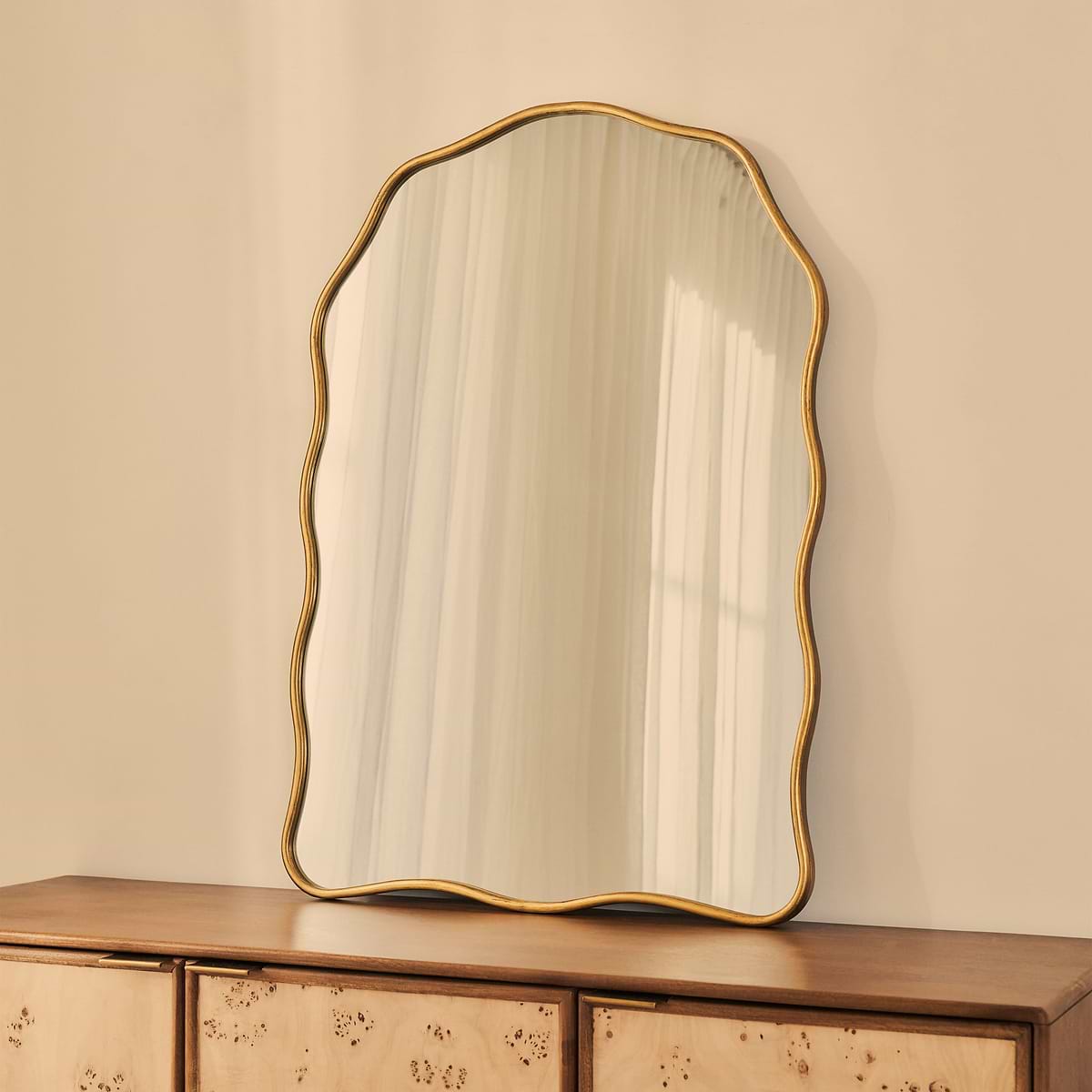 Sabrina - Gold Wavy Arched Metal Overmantle Mirror 100cm x 70cm