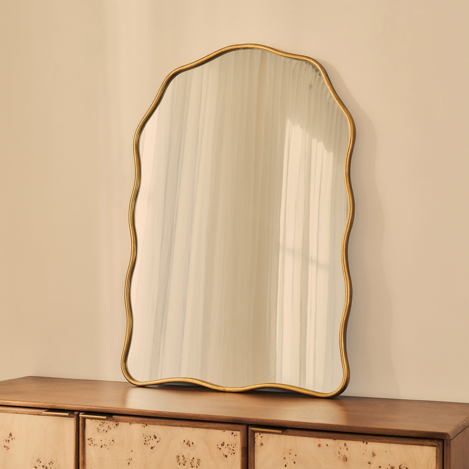 Sabrina - Gold Wavy Arched Metal Overmantle Mirror 100cm x 70cm