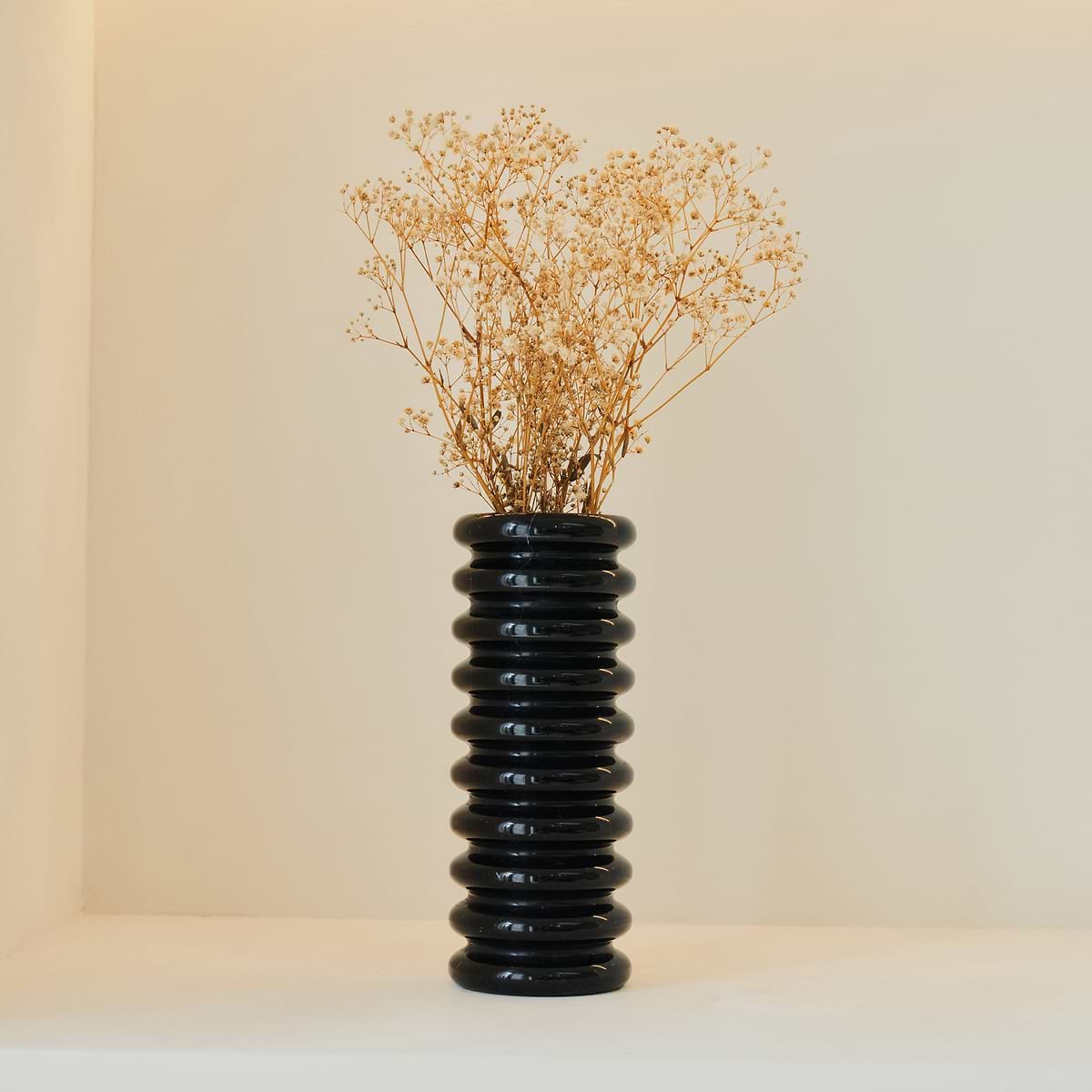 Varella - Large Black Marble Ribbed Decorative Vase 25cm