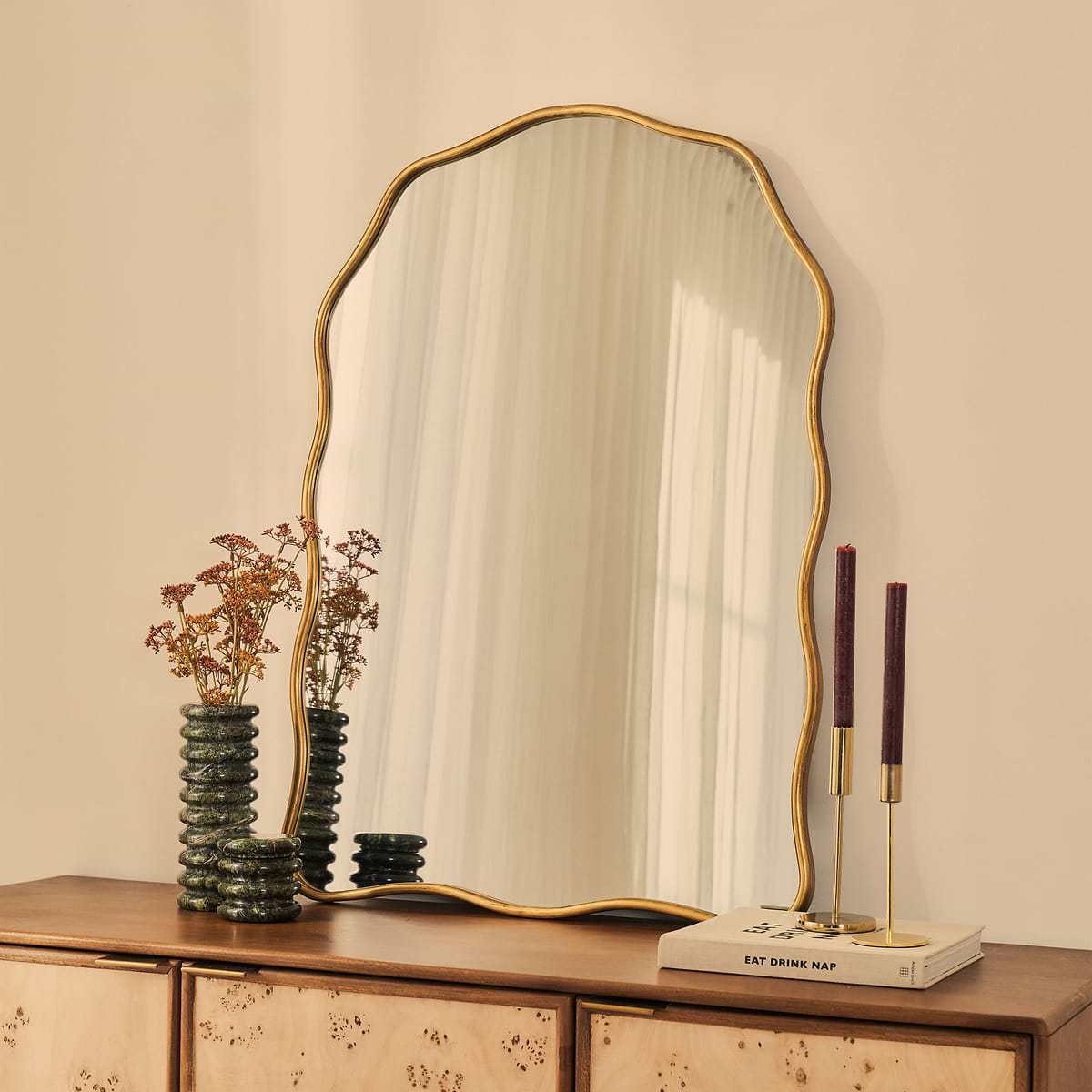 Sabrina - Gold Wavy Arched Metal Overmantle Mirror 100cm x 70cm