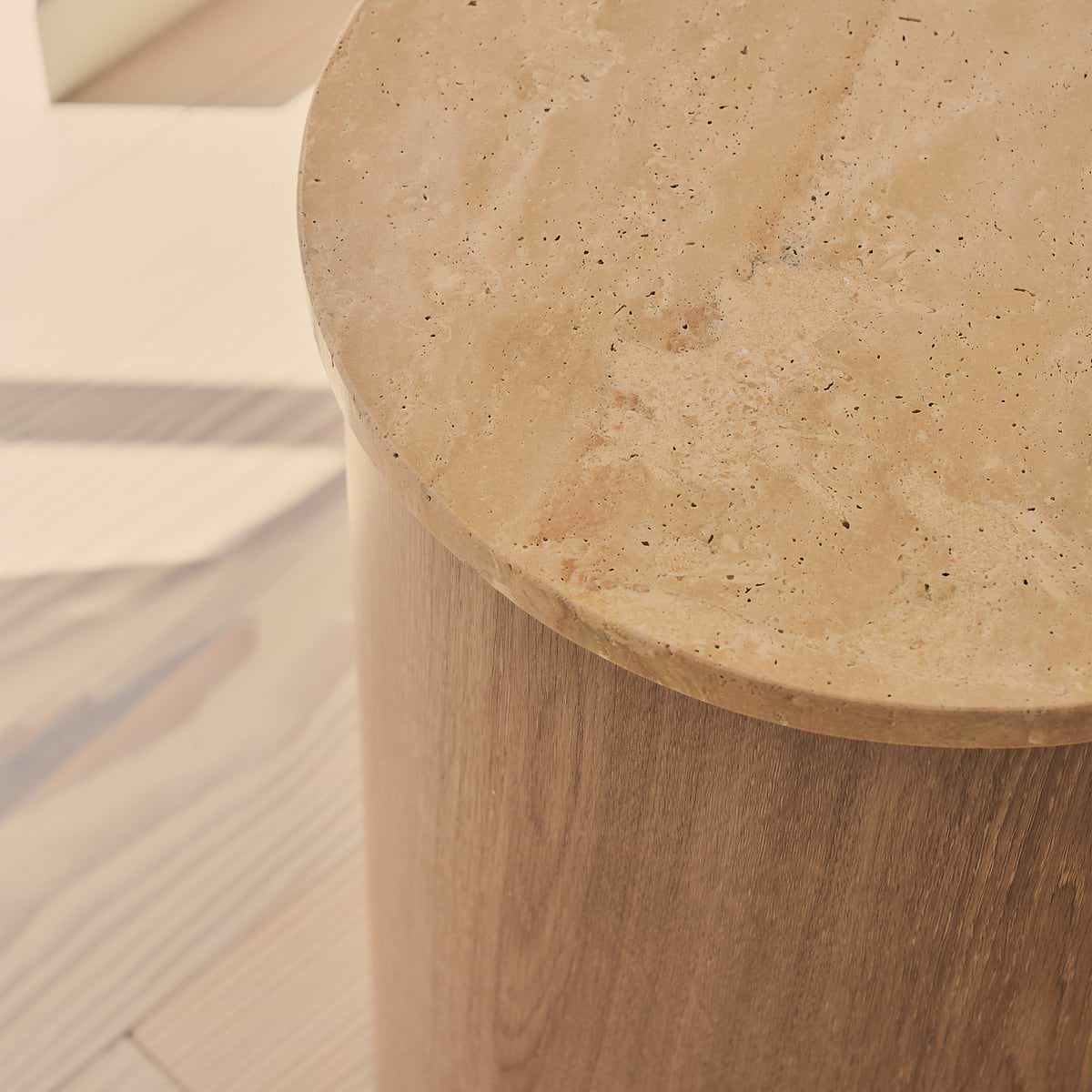 Madison - Beige Travertine Round Washed Wood Side Table