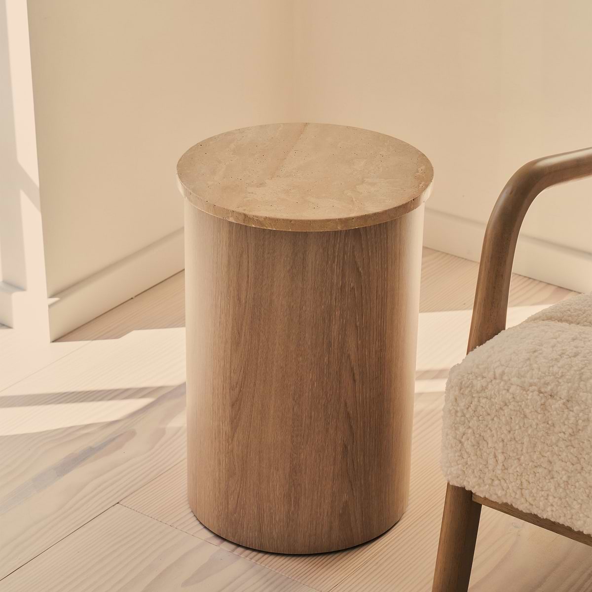 Madison - Beige Travertine Round Washed Wood Side Table
