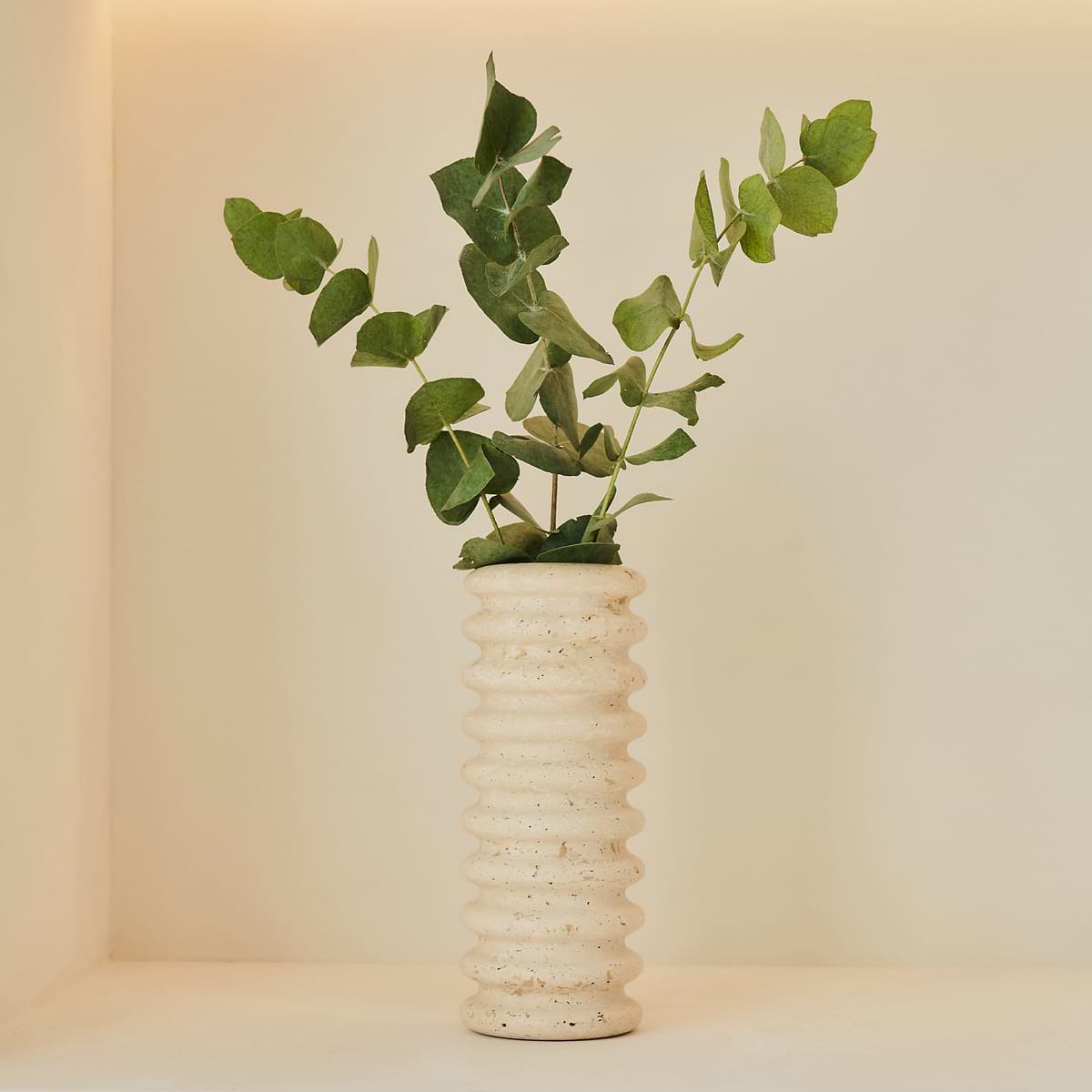 Varella - Large Cream Travertine Ribbed Decorative Vase 25cm