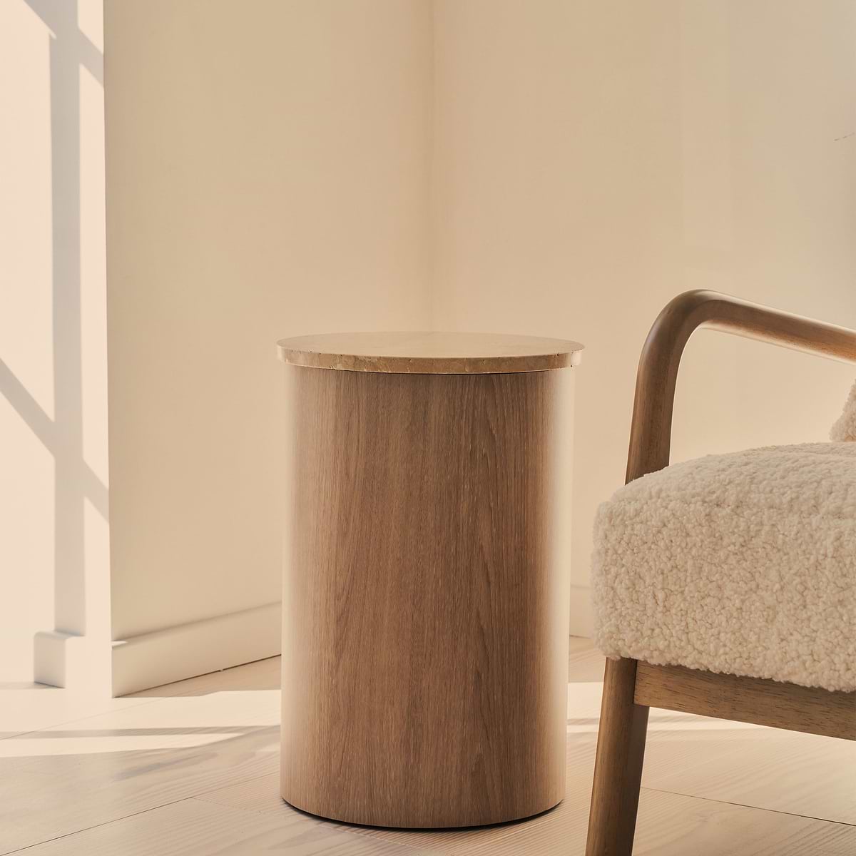 Madison - Beige Travertine Round Washed Wood Side Table