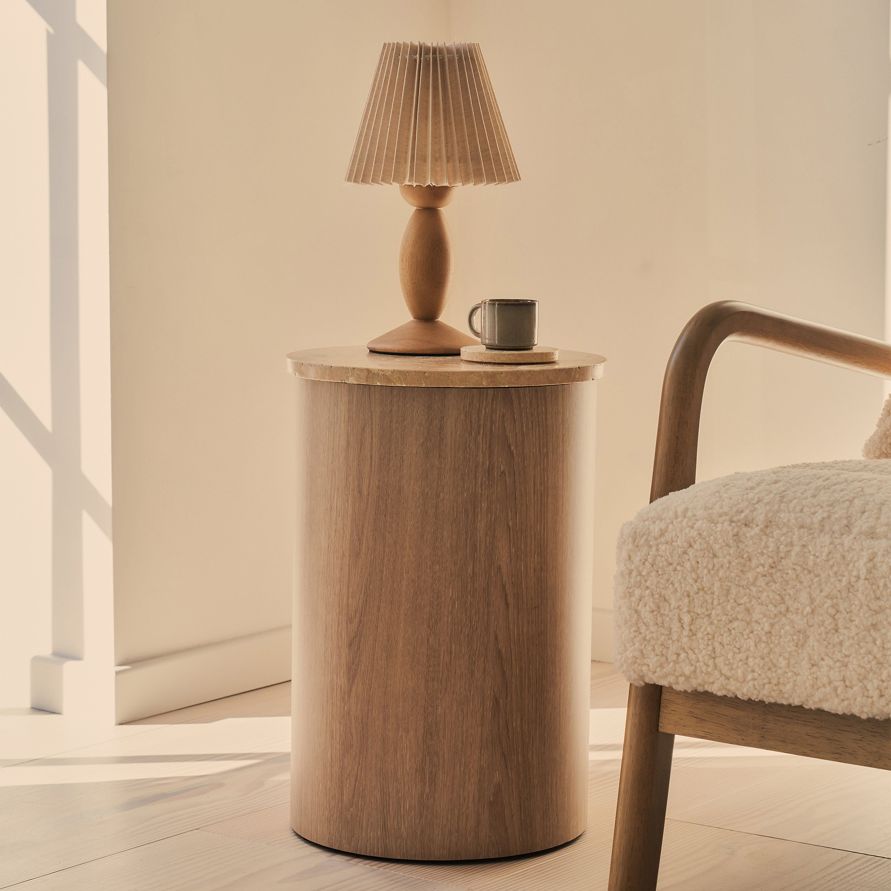 Madison - Beige Travertine Round Washed Wood Side Table