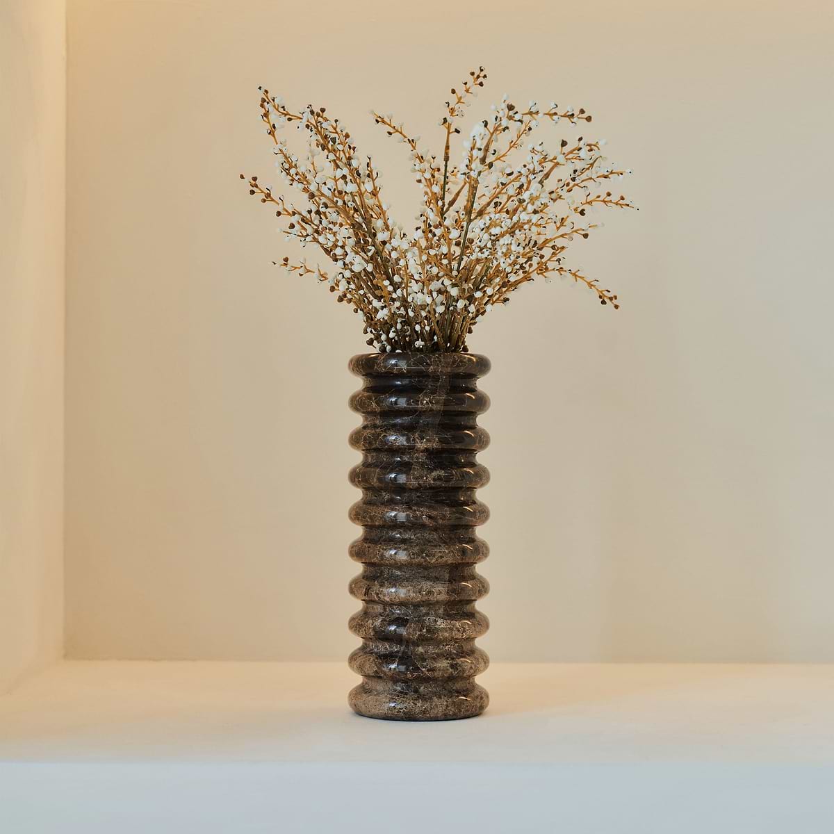 Varella - Large Dark Emperador Marble Ribbed Decorative Vase 25cm