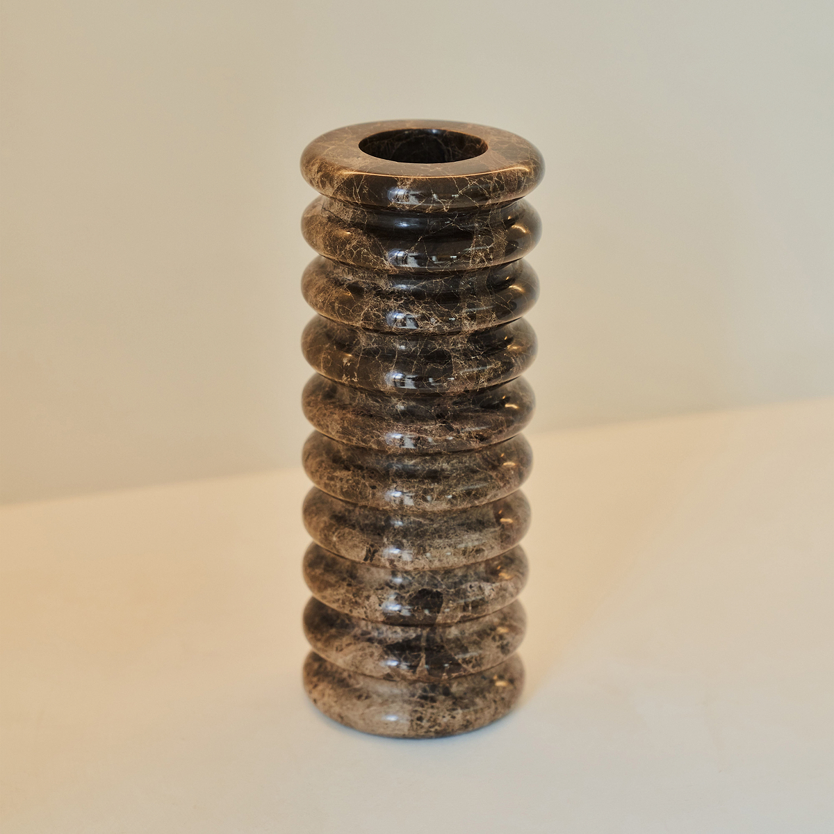 Varella - Large Dark Emperador Marble Ribbed Decorative Vase 25cm