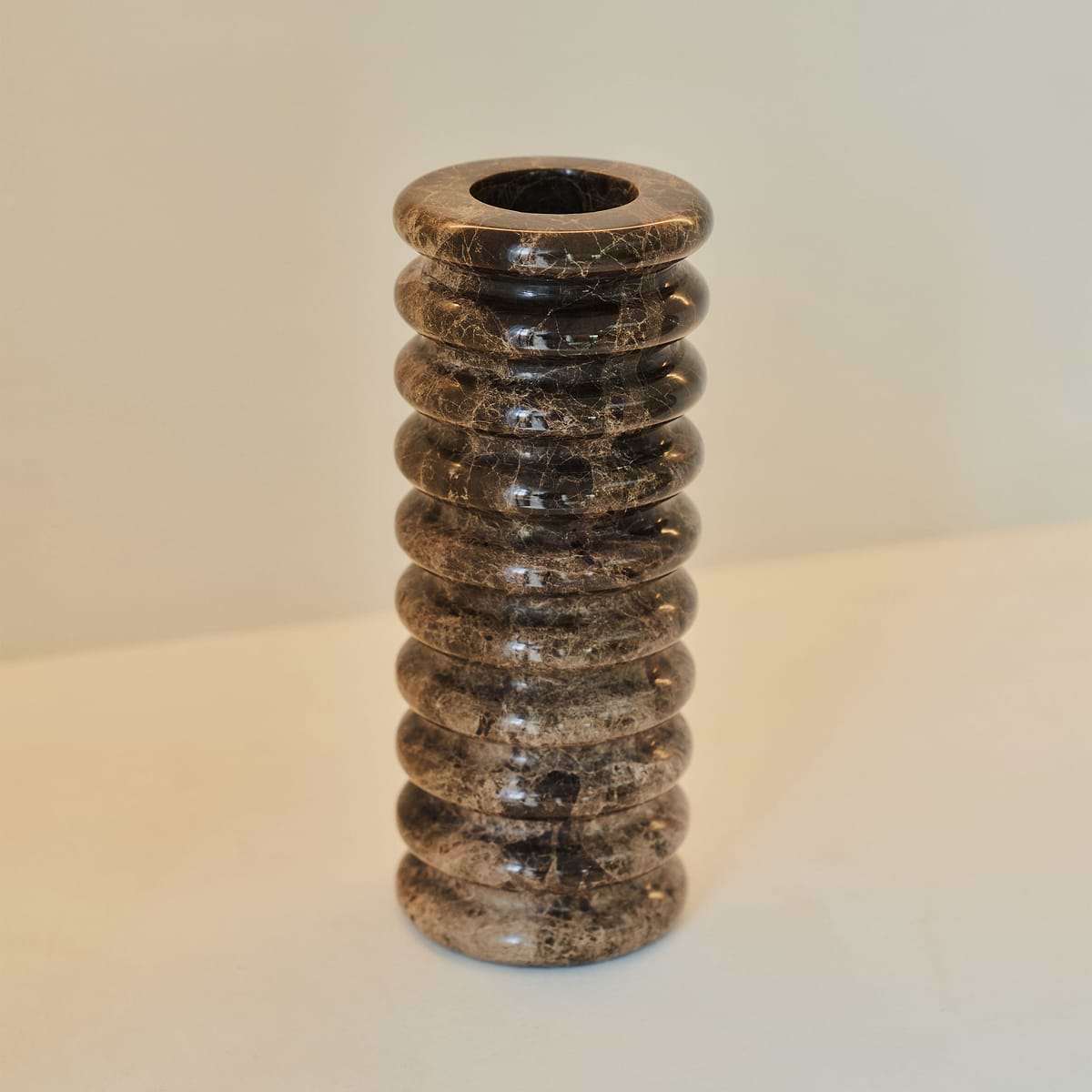 Varella - Large Dark Emperador Marble Ribbed Decorative Vase 25cm