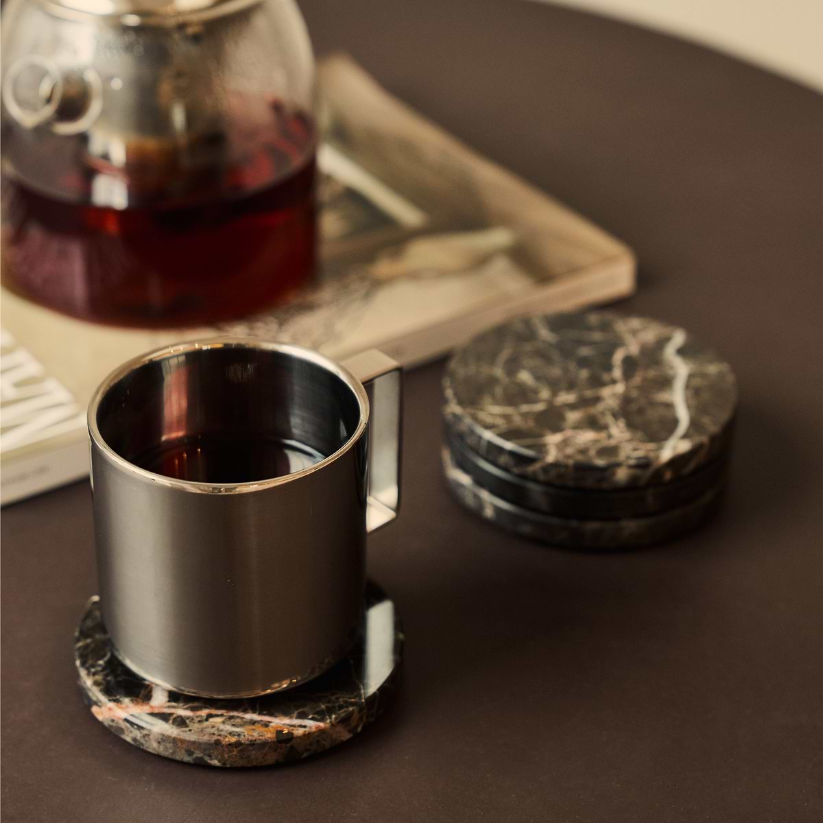 Marbelle - Dark Emperador Marble Coasters Set of 4 Round