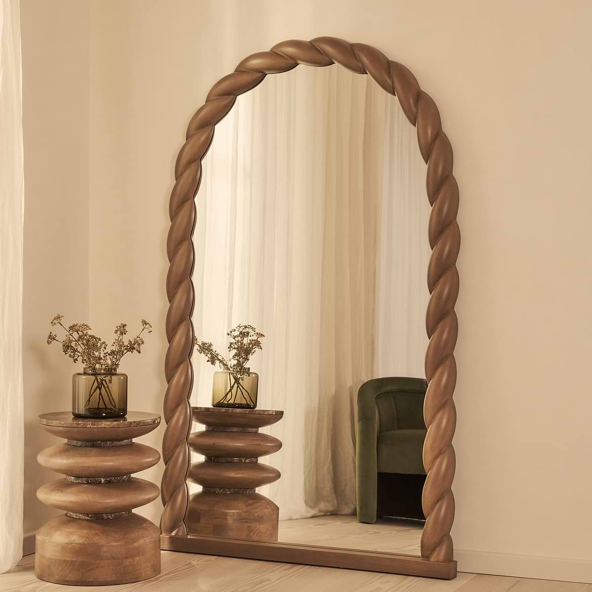 Ophelia - Full Length Arched Rope Twist Warm Wood Extra Large Mirror 180cm x 105cm