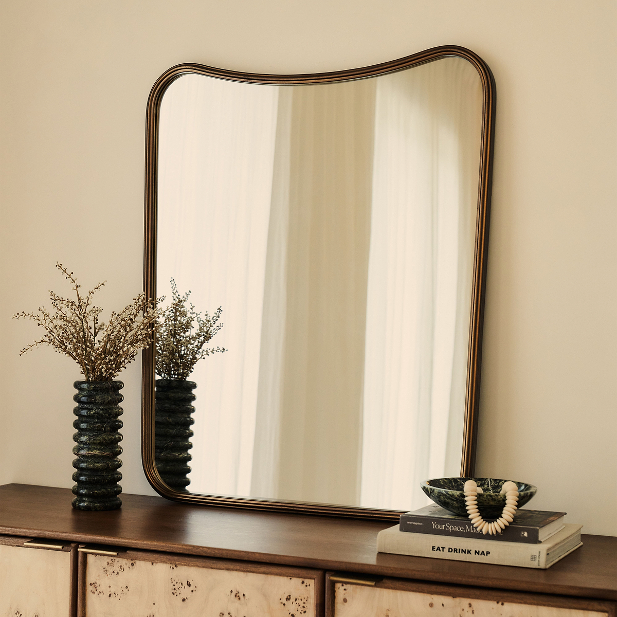 Louis - Antique Bronze Curved Metal Overmantle Mirror 90cm x 75cm