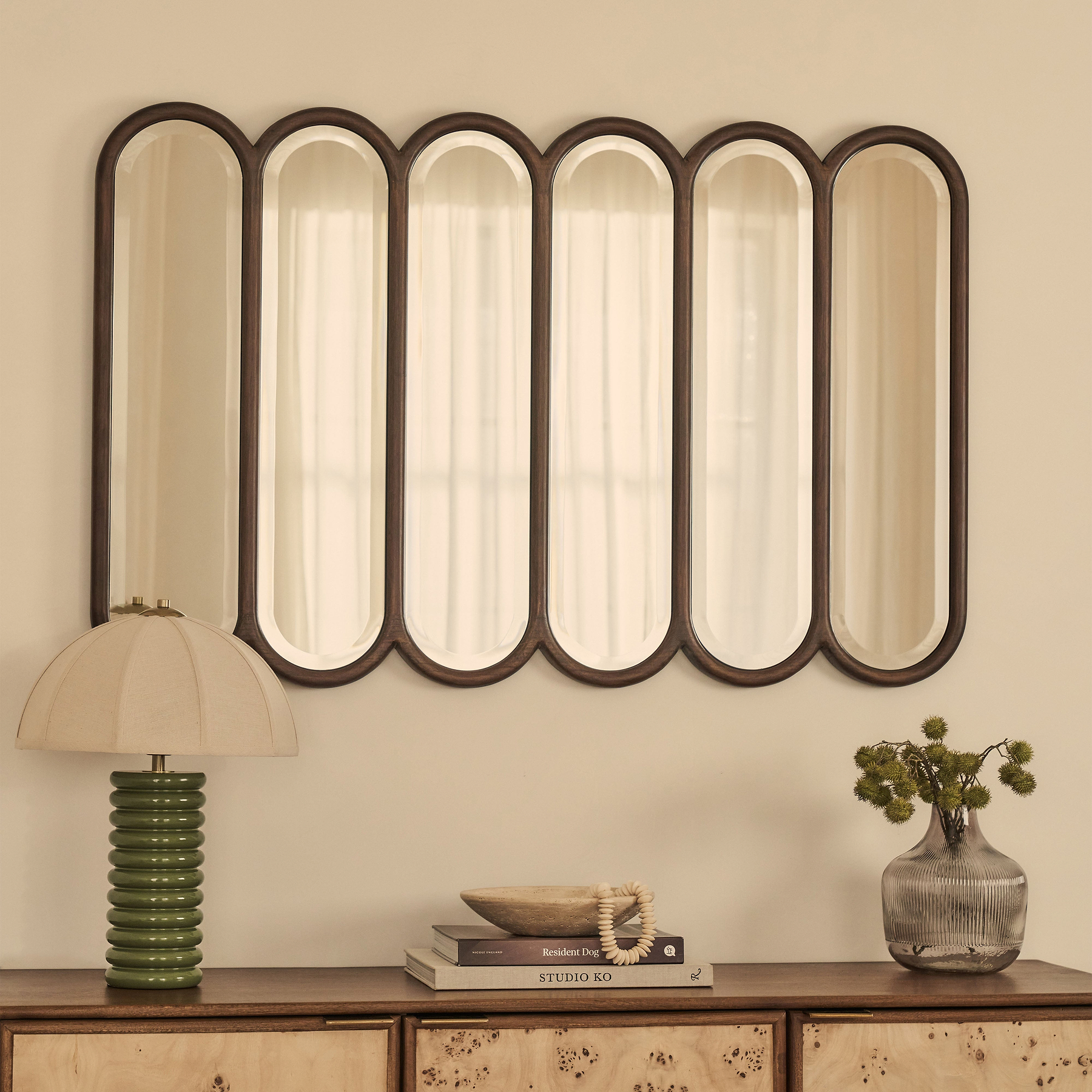 Reims - Dark Wood Arched Panel Wooden Mirror 120cm x 80cm